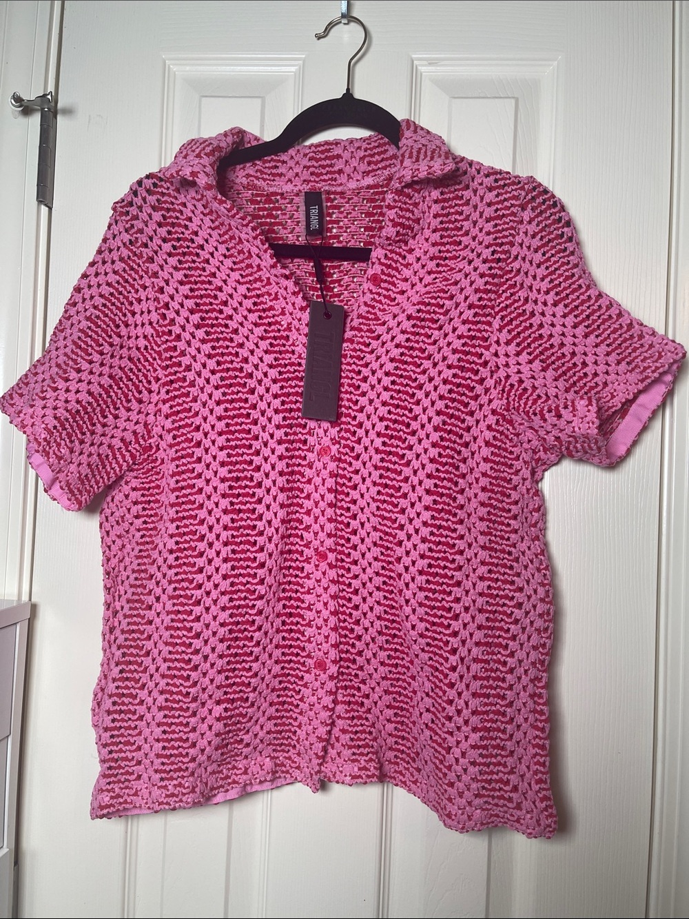 triangl swimwear Pink Short-Sleeve Crochet Button-Front Top